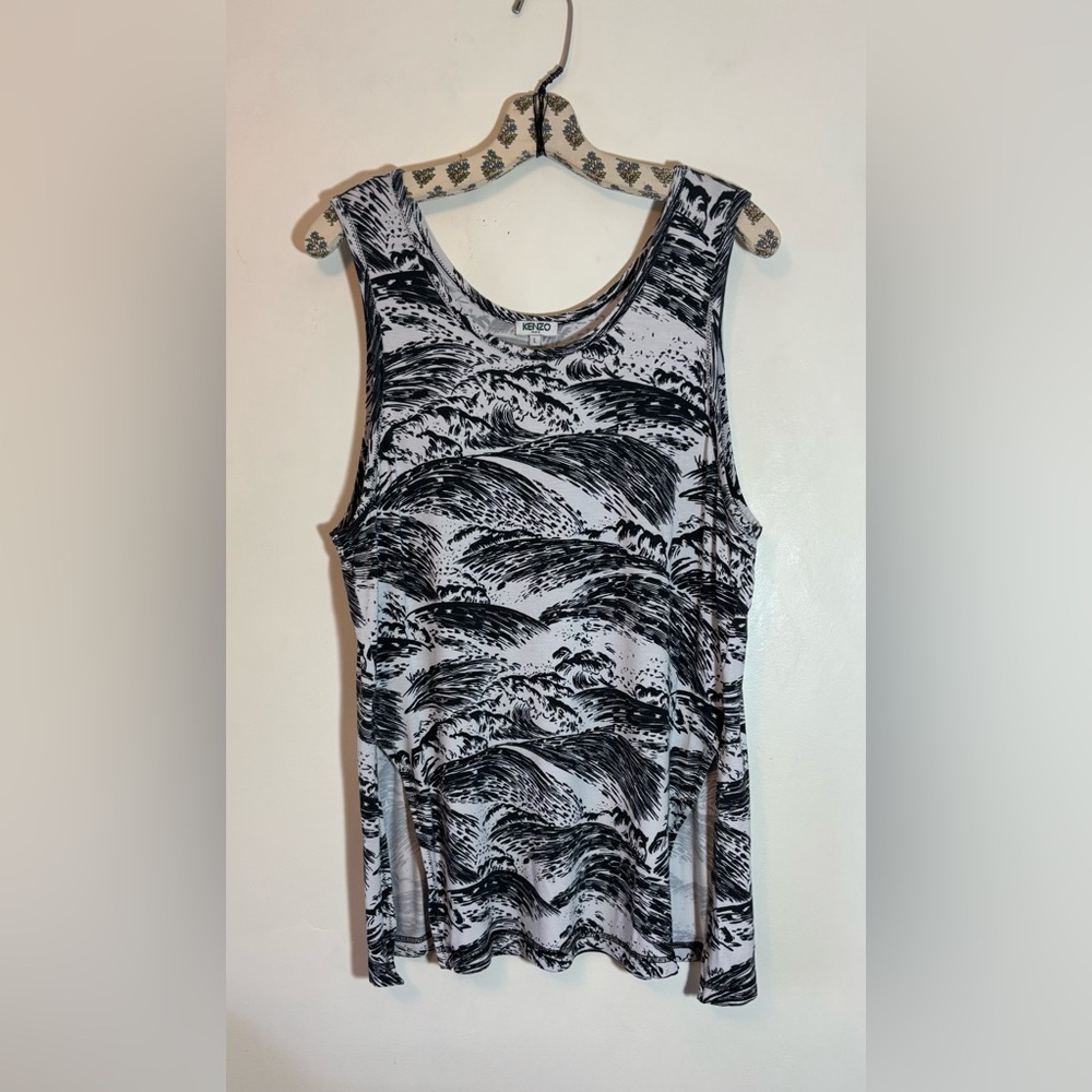 Kenzo Paris White Blue Print Sleeveless Top Size Large